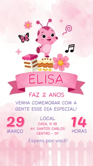 Convite Aniversário Infantil Joaninha Rosa Fofo para Editar