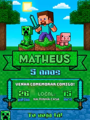 Convite de Aniversário Minecraft Pixelado para Editar
