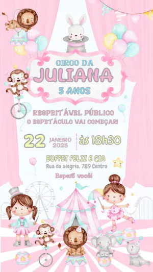 Convite Aniversário Circo Rosa Aquarela para Editar Online