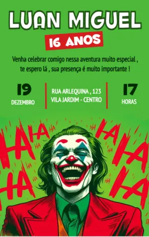 Convite de Aniversário Coringa para Editar Online