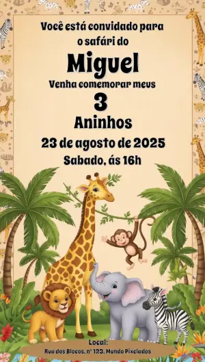 Convite Aniversário Safari com Animais para Editar Online