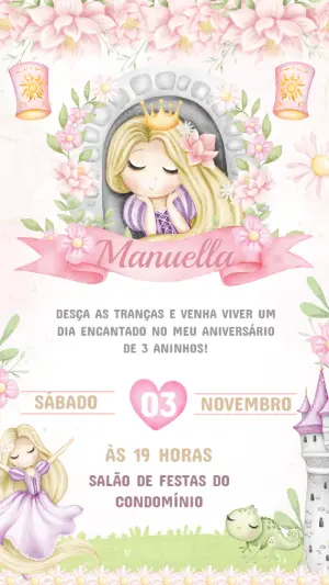 Convite de Aniversário Rapunzel Aquarela para Editar