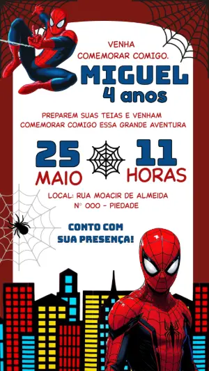 Convite Digital Homem-Aranha Editável para Festa Infantil