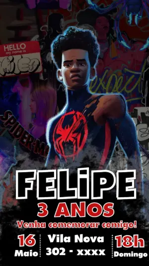 Convite de Aniversário Homem-Aranha Miles Morales Editável
