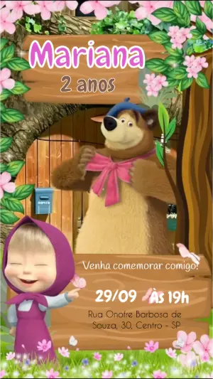 Convite Animado Masha e o Urso Aniversário para Editar