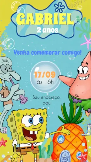 Convite Animado Aniversário Bob Esponja para Editar Online