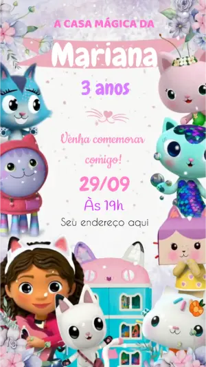 Convite Animado Aniversário Casa Mágica da Gabby para Editar