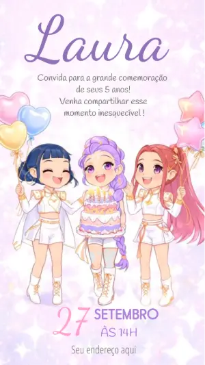 Convite Animado Aniversário Guerreiras do K-pop para Editar Online
