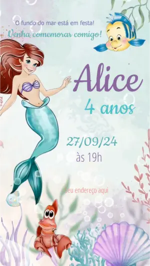 Convite Animado Pequena Sereia Aquarela para Editar