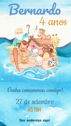 Convite Aniversário Arca de Noé com Animais para Editar Online