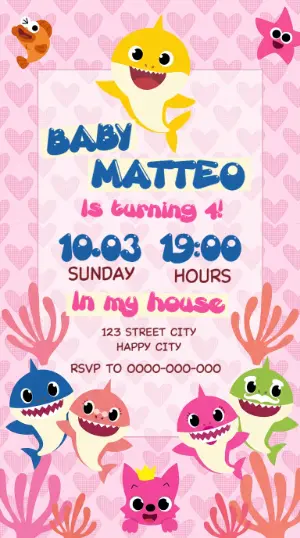 Cute Baby Shark Birthday Invitation Editable Template