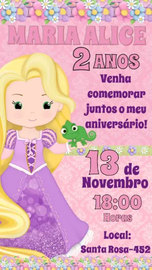 Convite de Aniversário Rapunzel Infantil para Editar
