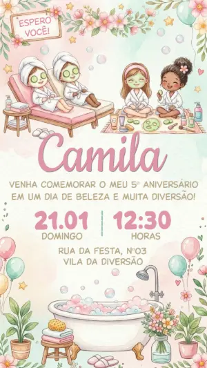 Convite Aniversário Spa Day Meninas Aquarela para Editar