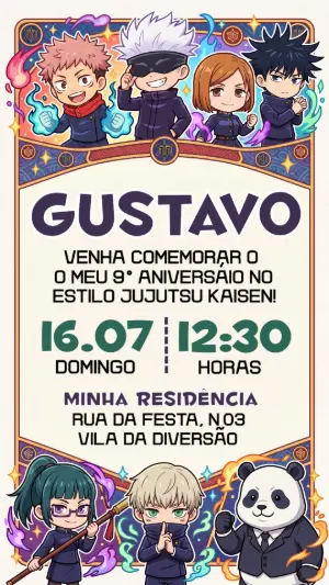 Convite de Aniversário Jujutsu Kaisen Chibi para Editar