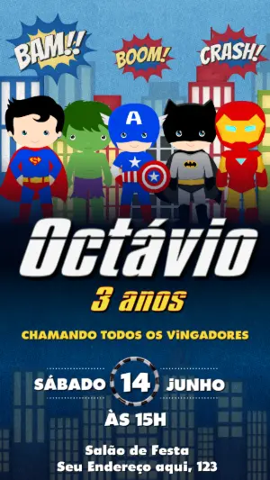 Convite de Aniversário Vingadores com Heróis para Editar Online