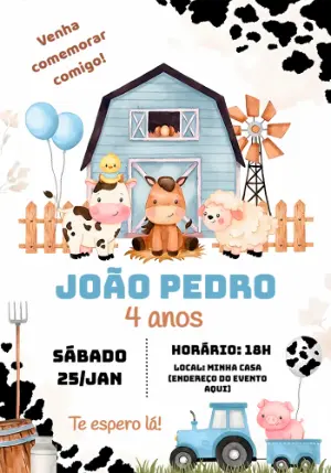Convite de Aniversário Fazendinha com Animais para Editar Online