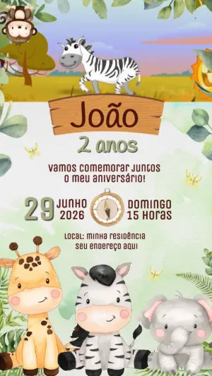 Convite Animado Aniversário Safari Fofo para Editar Online
