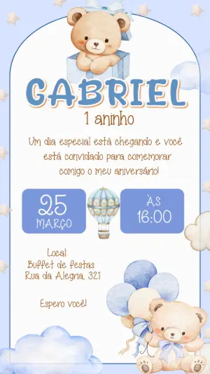 Convite de Aniversário Ursinho Baloeiro Azul Editável