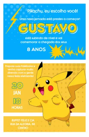 Convite de Aniversário Pokémon Pikachu Amarelo e Azul Editável