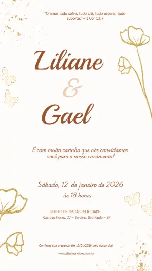 Convite de Casamento Elegante com Flores Douradas Editável