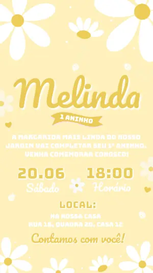 Convite Aniversário 1 Ano Margarida Amarelo Delicado Editável