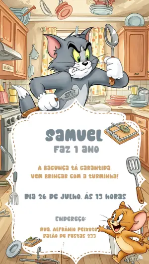 Convite Aniversário Tom e Jerry para Editar Online