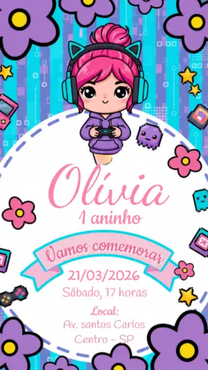 Convite de Aniversário Gamer Menina Roxo e Rosa para Editar