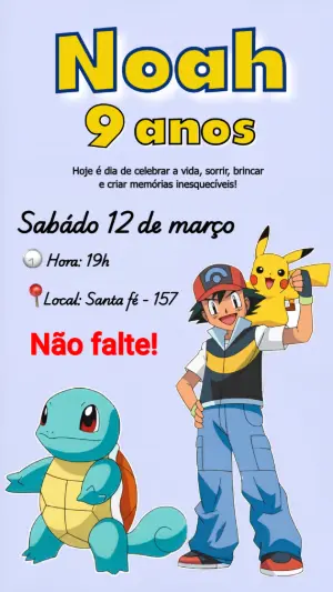 Convite de Aniversário Pokémon com Ash e Pikachu para Editar