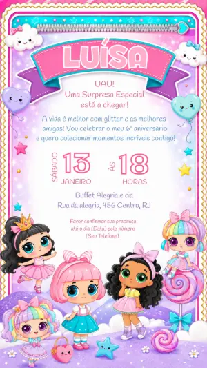 Convite de Aniversário LOL Surpresa Rosa e Glitter Editável