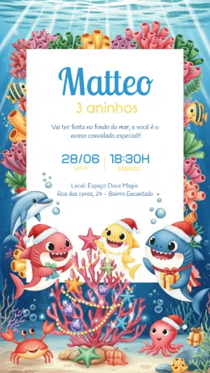Convite Aniversário Baby Shark Natal para Editar Online