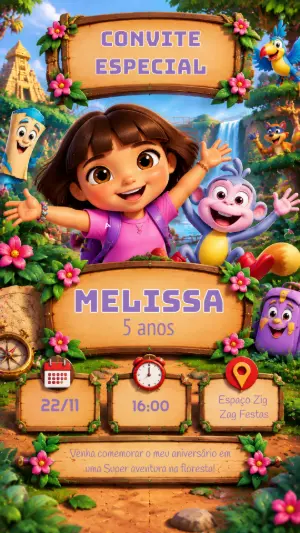 Convite Digital de Aniversário Dora a Aventureira para Editar