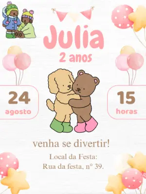 Convite de Aniversário Fofo com Ursinho e Cachorro para Editar