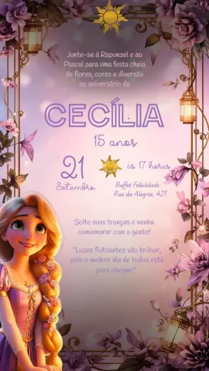 Convite de Aniversário Rapunzel Editável com Flores Mágicas