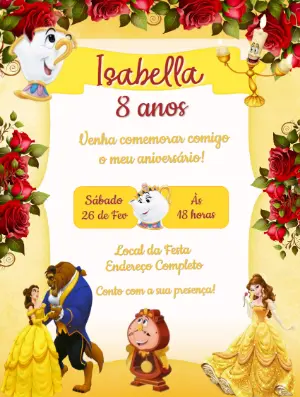 Convite Aniversário A Bela e a Fera para Editar Online