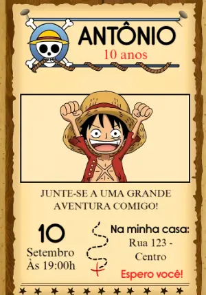 Convite de Aniversário One Piece Estilo Procurado para Editar