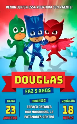Convite de Aniversário PJ Masks Editável Online