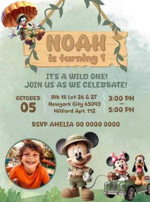 Editable Mickey Safari Birthday Invitation for a Wild One Party with photo