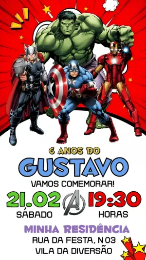 Convite Digital Vingadores Estilo Gibi Editável para Aniversário