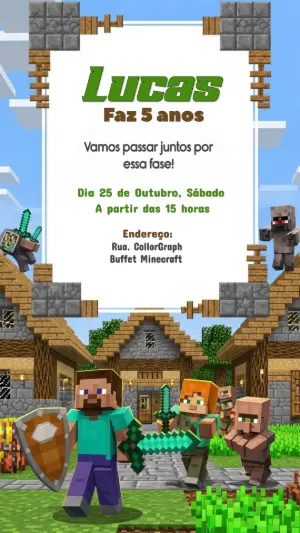 Convite de Aniversário Minecraft com Personagens para Editar