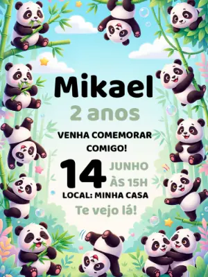 Convite de Aniversário Infantil Panda Fofo para Editar