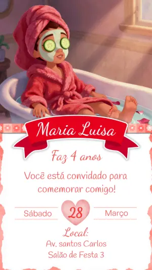 Convite de Aniversário Infantil Spa Day Rosa Modelo Editável