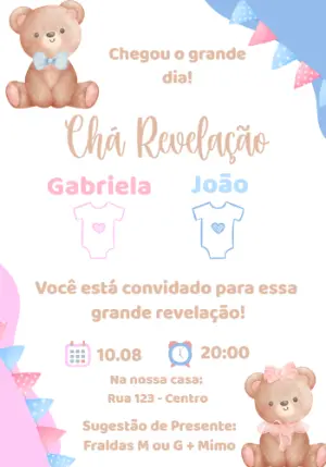 Convite Chá Revelação Ursinhos Fofos para Editar Online