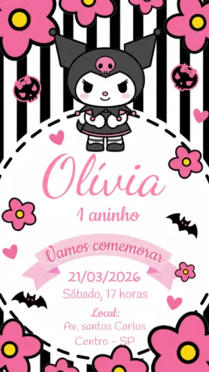 Convite de Aniversário Kuromi Rosa e Preto para Editar Online