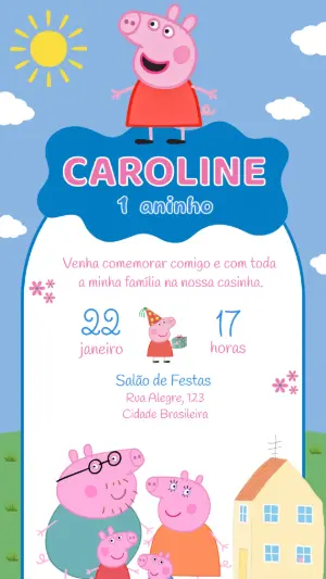 Convite de Aniversário Peppa Pig | Modelo Digital Editável