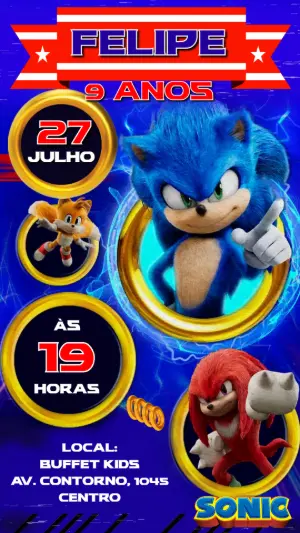 Convite Animado Aniversário Sonic para Editar Online