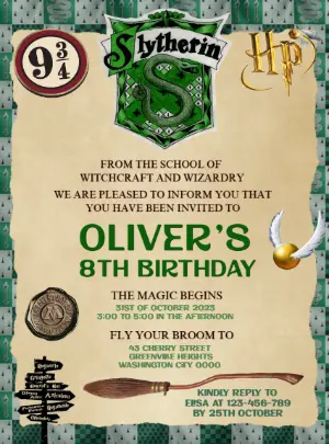 Slytherin Harry Potter Birthday Invitation to Edit Online