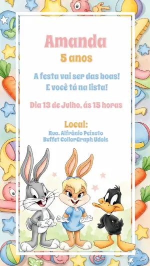 Convite Aniversário Baby Looney Tunes para Editar Online