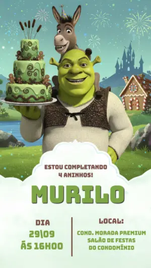 Convite Editável de Aniversário Infantil com Tema Shrek