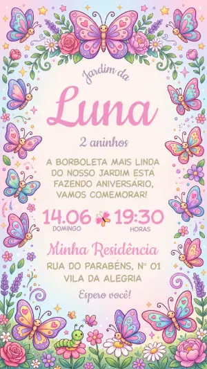 Convite de Aniversário Jardim das Borboletas Colorido para Editar