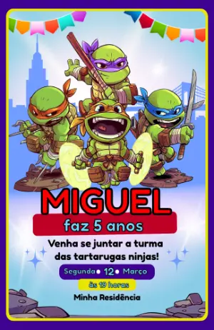 Convite de Aniversário Tartarugas Ninjas Infantil Editável